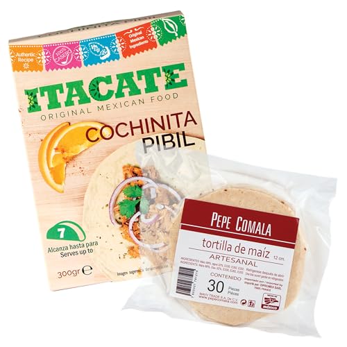 Cochinita Pibil und Maistortillas - Fertigessen (Set aus 2 Artikel) – 1 St. Cochinita Pibil (Schweinefleisch) Itacate 300 g und 1 St. Weiße Maistortillas 12 cm Pepe Comala (ca. 500g) - 100% Mexiko von mexhaus