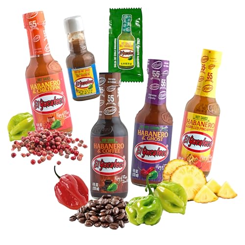 El Yucateco Scharfe Habanero Soße Set - 100% Mexiko – gegrillte Ananas, Ghost Pepper, Chili Chiltepin und Kaffee je 120 ml und rote Habanero-Salsa Miniflasche 22ml (5er Pack). Ideal als Geschenke-Set. von mexhaus