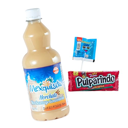 Horchata Konzentrat von Mexquisita Flasche 700ml ergibt 4 Liter-Concentrado Horchata rinde 4Litros-mexikanisches Getränk aus Reis mit Zimt-Plus Pulparindo Extra Scharf & Vero Pinta Azul Himbeere Lolli von mexhaus