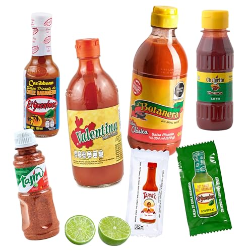 Klassische mexikanische Snack-Saucen und Limette-Gewürzpulver Set (5 Sorten) – 100% Mexiko - Tajín, El Chilerito, La Botaneta, Valentina und El Yucateco und 2 Salsa-Tütchen von mexhaus