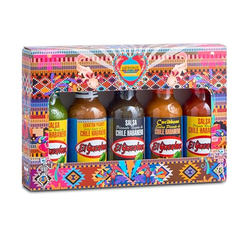 Scharfe Saucen Geschenkset Mexhaus- El Yucateco mit 5 pikanten Chili-Saucen 100% Mexiko. Habanero rot, grün, Black, caribbean und extrascharf Kutbil von mexhaus