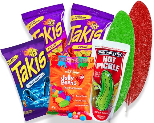 Snackbox Extra Hot Chili Lovers - Party-Mix Snacks mit Takis Fuego Chips, Takis Blue Heat, Hot Chip Jelly Beans, Van Holten Pickle Hot und Pigui Slaps - Geschenkbox Weihnachten (Pack von 7) von mexhaus