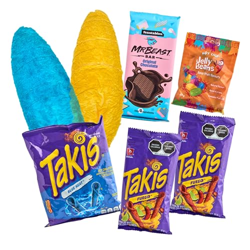 Snackbox Hot & Sweet - Party-Mix Snacks mit Takis Fuego Chips, Takis Blue Heat, Hot Chip Jelly Beans, Schokolade Bar Mr. Beast ORIGINAL und Cachetadas MIX - Geschenkbox (Pack von 7) von mexhaus