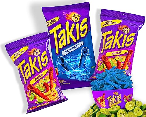 Mexhaus Takis Chips Box - 1x Takis Blue Heat 113g und 2x Takis Fuego 70g - Chips Grosspackung Chips scharf (Pack von 3) - Blaue Takis und Takis Fuego von mexhaus