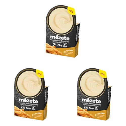 Mezete Hummus Dip & Go, Classic mit knusprigen Brotsticks, Ideal für unterwegs, helle und cremige Konsistenz, vegan und halal, (1 x 92 g) (Packung mit 3) von mézete