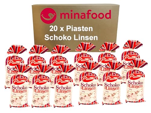 Minafood Piasten Schokolinsen-Box, 20 Packungen zu je 225g, Knackiger Überzug, Hochwertige Schokolade von minafood