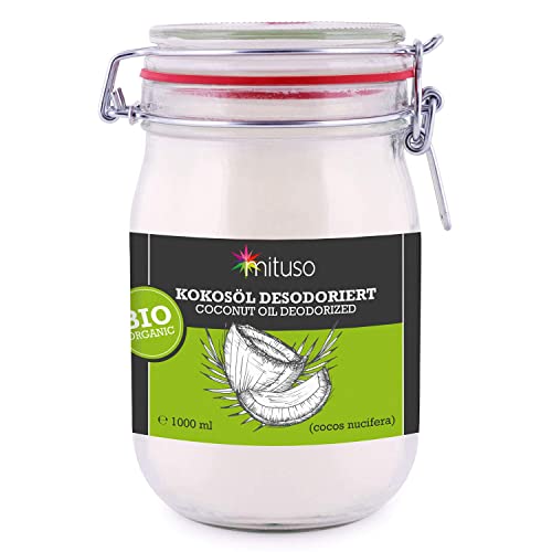 mituso Bio Kokosöl desodoriert 1 Liter | Geschmacksneutral - Ideal zum Braten, Backen, Frittieren | vegan, ohne Zusätze - Vielseitig für Haut & Haar | im Drahtbügelglas von mituso