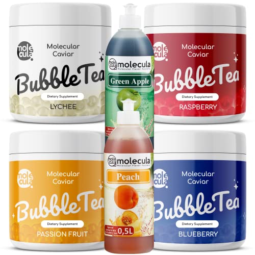 Bubble Tea Perlen Popping Boba | Bubble Tea Set - 4x Fruchtperlen, Litschi, Himbeere, Passionfrucht und Blaubeere 2x Sirup Apfel und Pfirsich Becher, Strohhalme Popping Boba von molecula molecula Molekularna Fabryka Samku