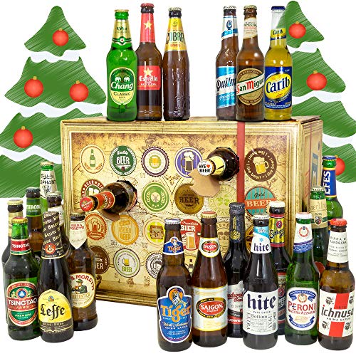 Bier Adventskalender Welt/mit Tsingtao + Saigon Export + Cobra Premium Beer + mehr / 24 Biersorten in FLASCHEN Bieradventskalender Welt 2024 2025 / Adventskalender für Erwachsene von monatsgeschenke.de