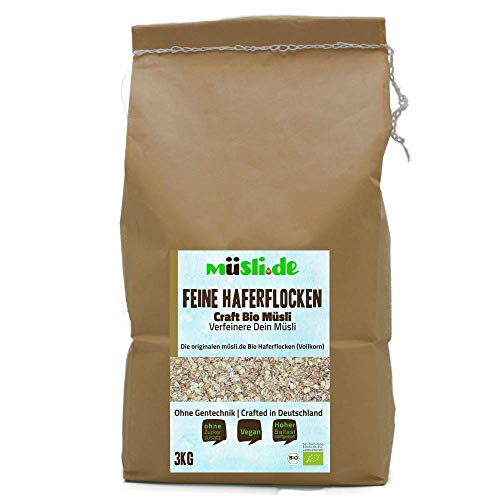 müsli.de BIO Feine Haferflocken 1x3kg, für eine vegane Ernährung geeignet. Knackiger Geschmack dank Vollkornflocken. Starte klassisch in den Tag! (3kg Beutel (1 Stück)) von müslide