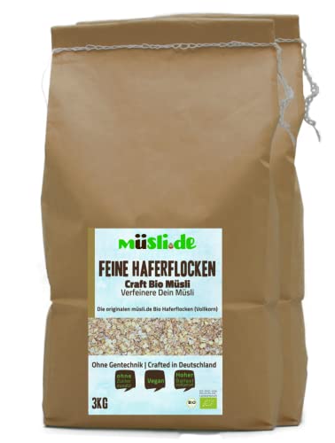 müsli.de BIO Feine Haferflocken 1x3kg, für eine vegane Ernährung geeignet. Knackiger Geschmack dank Vollkornflocken. Starte klassisch in den Tag! (3kg Beutel (2 Stück)) von müslide