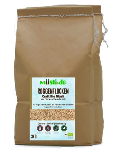 müsli.de BIO Roggenflocken 1x3kg, für eine vegane Ernährung geeignet. Knackiger Geschmack dank Vollkornflocken. Starte klassisch in den Tag! (3kg Beutel (2 Stück)) von müsli.de