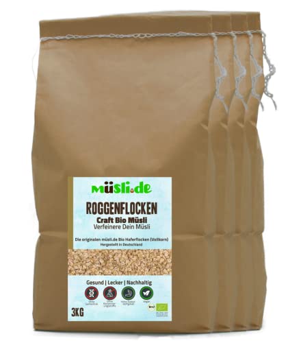 müsli.de BIO Roggenflocken 1x3kg, für eine vegane Ernährung geeignet. Knackiger Geschmack dank Vollkornflocken. Starte klassisch in den Tag! (3kg Beutel (4 Stück)) von müsli.de