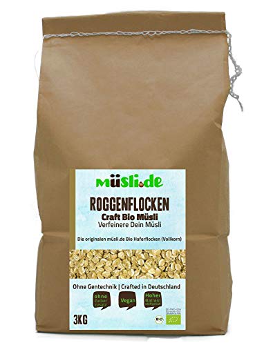 müsli.de BIO Roggenflocken 1x3kg, für eine vegane Ernährung geeignet. Knackiger Geschmack dank Vollkornflocken. Starte klassisch in den Tag! (3kg Beutel (1 Stück)) von müslide