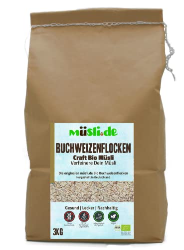 müsli.de BIO Buchweizenflocken 1x3 kg, für eine vegane Ernährung geeignet. Aromatisch nussiger Geschmack. Unterstützt Deine basische Ernährung! von müslide