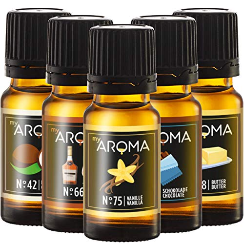 myAROMA Flavour Drops Set, Backstube 10mlx5, Schokolade, Butter, Rum, Kokosnuss, Vanille Flavour Set, Vegan Flavor Drops Zuckerfrei, Kalorienfrei Lebensmittelaroma zum Backen, und Trinken von my AROMA