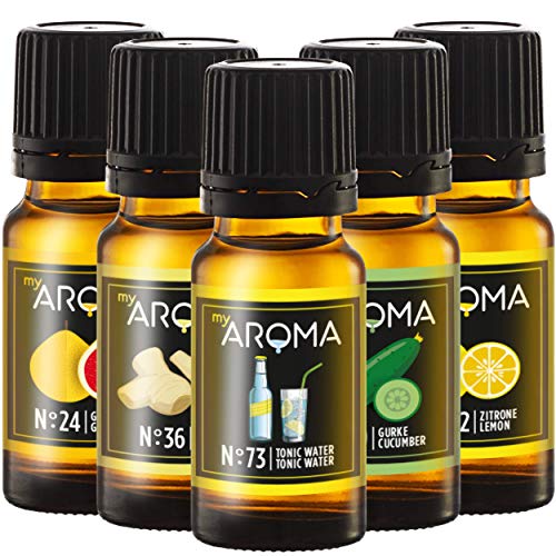 myAROMA Flavour Drops Set, Gin Mix Aromas 10mlx5, Tonic Water, Gurke, Zitrone, Ingwer, Grapefruit Flavour Set, Vegan Flavor Drops Zuckerfrei, Kalorienfrei Lebensmittelaroma zum Backen, und Trinken von my AROMA