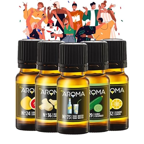 myAROMA Flavour Drops Set, Gin Mix Aromas 10mlx5, Tonic Water, Gurke, Zitrone, Ingwer, Grapefruit Flavour Set, Vegan Flavor Drops Zuckerfrei, Kalorienfrei Lebensmittelaroma zum Backen, und Trinken von my AROMA