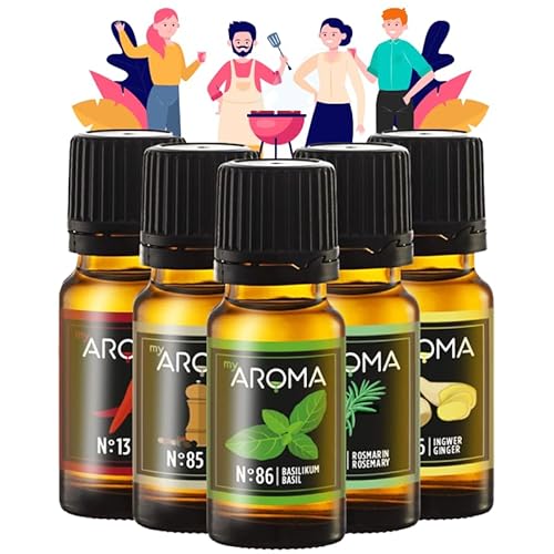 myAROMA Flavour Drops Set, Grill & Pfanne 10mlx5, Basilikum, Rosmarin, Ingwer, Chilli, Pepper Flavour Set, Vegan Flavor Drops Zuckerfrei, Kalorienfrei Lebensmittelaroma zum Backen, und Trinken von my AROMA