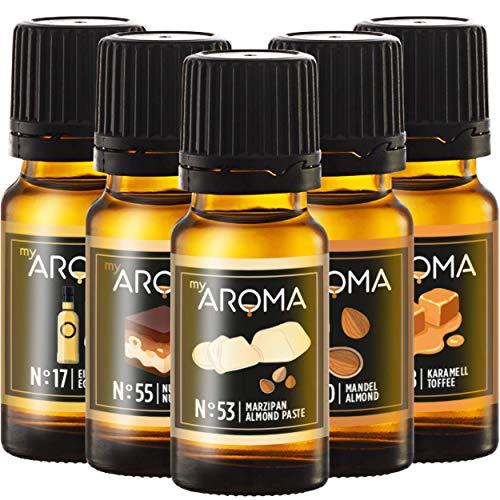 myAROMA Flavour Drops Set, Meisterbäcker 10mlx5, Karamell, Mandel, Nuss-Nougat, Eierlikör, Marzipan Flavour Set, Vegan Flavor Drops Zuckerfrei, Kalorienfrei Lebensmittelaroma zum Backen, und Trinken von my AROMA