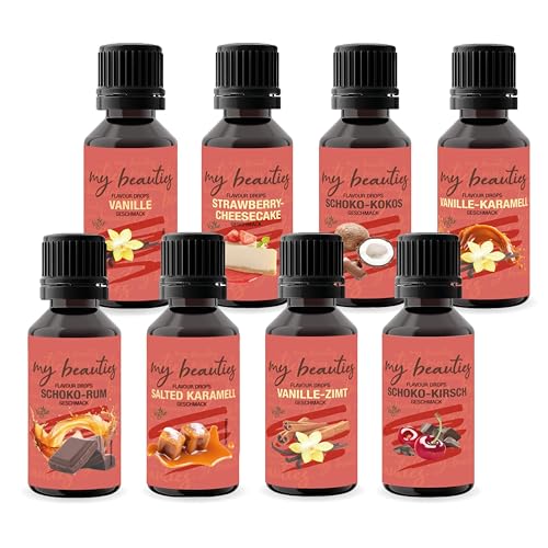 my beauties - Flavour Drops Bestseller Bundle - 8x 30ml - Vanille, Strawberry Cheesecake, Vanille-Karamell, Vanille-Zimt, Schoko-Kirsche, Schoko-Kokos, Schoko-Rum & Salted Karamell von my beauties