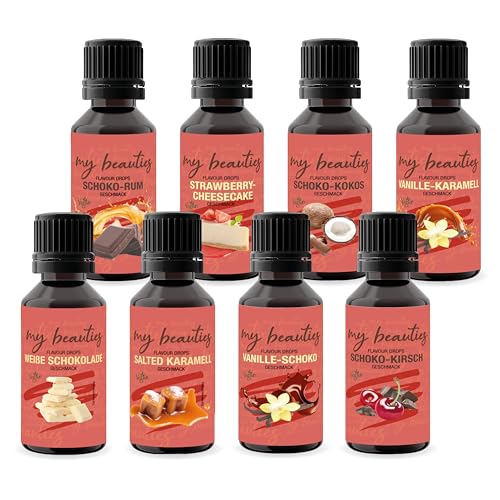 my beauties - Flavour Drops Special Mix Bundle - 8x 30 ml - Vanille-Karamell, Vanille-Schoko, Schoko-Kirsch, Schoko-Kokos, Schoko-Rum, Salted-Karamell, Strawberry-Cheesecake & Weiße-Schokolade von my beauties
