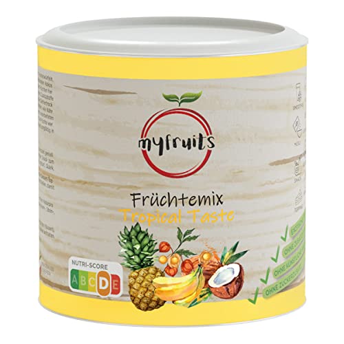 myfruits Früchte Mix aus gefriergetrockneter Ananas, Bananen, Physalis und Kokosnuss-Streifen, Trockenfruchtmischung, 100g, gemischte gefriergetrocknete und getrocknete Früchte, natürlicher Geschmack von myfruits