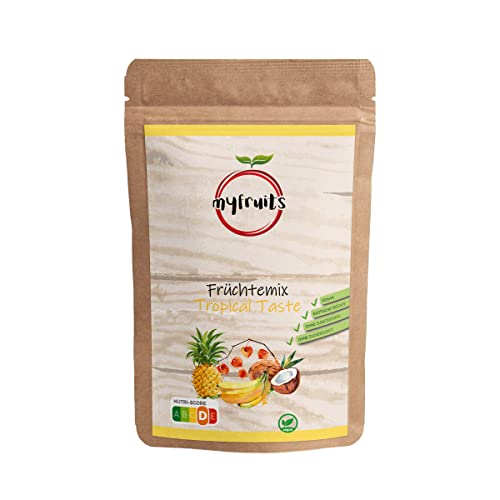 myfruits Früchte Mix aus gefriergetrockneter Ananas, Bananen, Physalis und Kokosnuss-Streifen, Trockenfruchtmischung, 300g, gemischte gefriergetrocknete und getrocknete Früchte, natürlicher Geschmack von myfruits