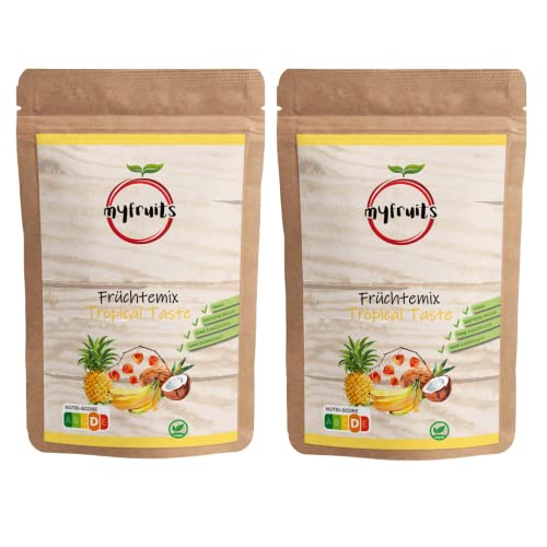 myfruits Früchte Mix aus gefriergetrockneter Ananas, Bananen, Physalis und Kokosnuss-Streifen, Trockenfruchtmischung, 600g (2x300g), gefriergetrocknete und getrocknete Früchte, natürlicher Geschmack von myfruits