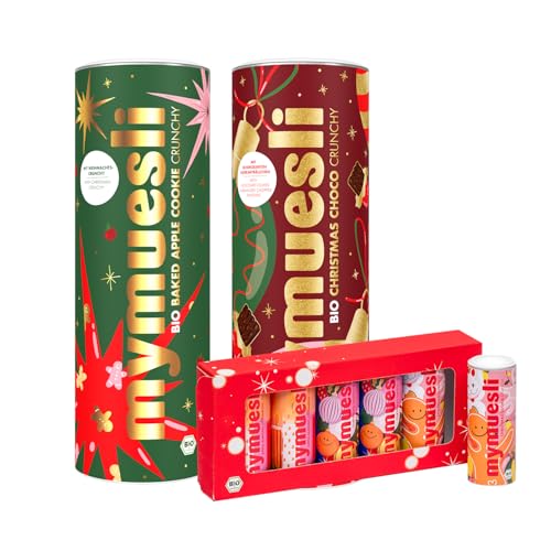 mymuesli BIO Weihnachts-Mix (2x575g + 6x50g Geschenk Minis) - Christmas Choco Crunchy, Baked Apple Cookie, 6er Xmas Mini-Müsli Geschenk-Box - Für ein gesundes Winter-Frühstück - 100% Palmöl-frei von mymuesli