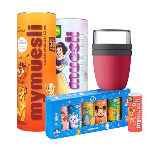 mymuesli Disney Spar-Paket Schoko BIO Müsli Morning Princess & Guten Morgen Löwe (400g & 575g), Geschenk-Box 6 BIO Müsli-Minis (je 30g), Mepal Müsli-Becher (500 ml Becher & 300 ml Deckel) von mymuesli