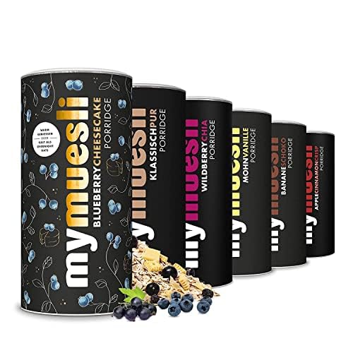 mymuesli Lieblings-Mix BIO Porridge (6x 400g) mit 1x Blueberry Cheesecake, 1x Klassisch Pur, 1x Wildberry Chia, 1x Mohn Vanille, 1x Banane Schoko & 1x Apple Cinnamon Crisp - Haferbrei ohne Palmöl von mymuesli