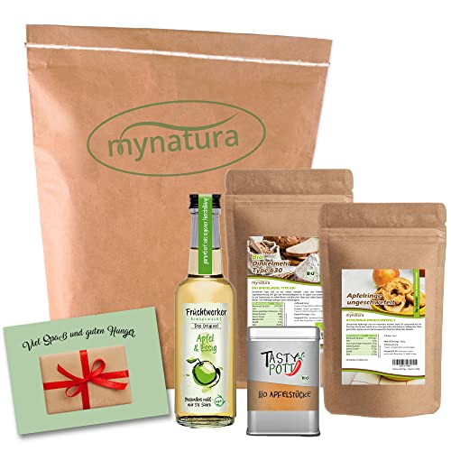 Mynatura Apfel-Set I Fruchtwerker Apfel & Essig + Mynatura Apfelringe + Tasty Pott Bio Apfelstücke + Mynatura Bio Dinkelmehl I Backen I Snack I Müsli von mynatura