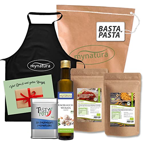 Mynatura Basta Pasta Set I Bio Tomatenwürfel + Tasty Pott italienisches Pastagewürz + Bio Knoblauch Würzöl + Kichererbsen Fusilli + Kochschürze + Karte I Nudeln Kochen Gewürz von mynatura