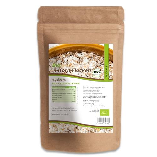 Mynatura Bio 4 - Korn Flocken | Getreideflocken | Roggen | Haferflocken | Weizenflocken | Gerstenflocken | Für Müsli | Zum Backen von Brot und Kuchen | Im Beutel 500g von mynatura