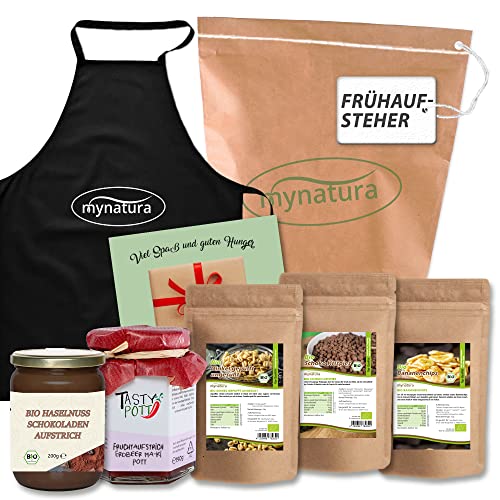 Mynatura Frühaufsteher Set I Bio Dinkel gepufft + Tasty Pott Fruchtaufstrich Erdbeere Ma-Ki Pott + Bio Schoko Crispies + Bio Bananenchips + Haselnuss Schokoladen Aufstrich + Kochschürze + Karte von mynatura