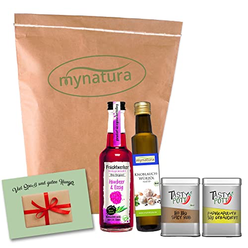 Mynatura Grillmarinaden Set I Fruchtwerker Himbeere & Essig + Tasty Pott Bio Spicy BBQ Rub + Mynatura Knoblauch Würz Öl + Tasty Pott Paprika geräuchert I Grillen I Würzen von mynatura