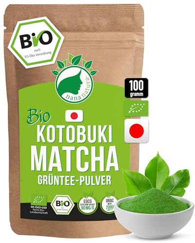 Bio Kotobuki Matcha 100g | Contest Grade | Japanisches Kaiserliches Grüntee Pulver in Zeremonie-Qualität | sehr hoher Orac- & Catechin-Gehalt | handgepflückt & per Granitsteinmühle vermahlen von nananatura