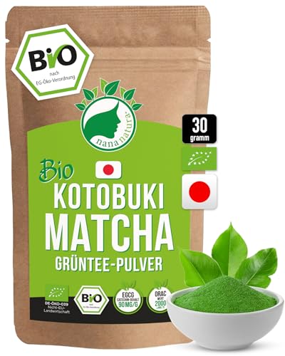 Bio Kotobuki Matcha 30g | Contest Grade | Japanisches Kaiserliches Grüntee Pulver in Zeremonie-Qualität | sehr hoher Orac- & Catechin-Gehalt | handgepflückt & per Granitsteinmühle vermahlen von nananatura