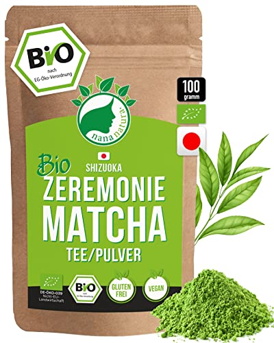 Bio Zeremonie Matcha Tee Pulver aus SHIZUOKA Japan 100g | Ceremonial Grade 1. Ernte | handgepflückt & per Granitsteinmühle zu Grüntee-Pulver vermahlen | für die Teezeremonie von nananatura