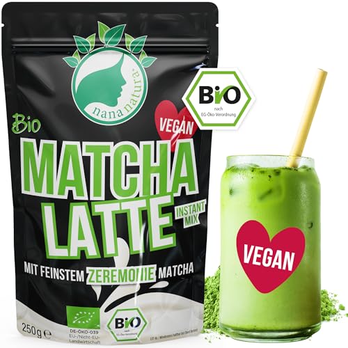 NanaNatura's Bio Matcha Latte Instant Pulver VEGAN mit echtem Zeremonie-Matcha aus Japan 250g | auf Haferdrink-Basis | heiß oder kalt Genießen | glutenfrei von nananatura