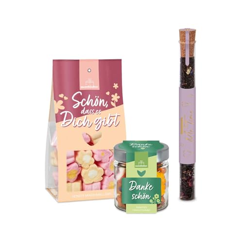 3er-Set Dankeschön Geschenk | Süßigkeiten Geschenk | Blumen Marshmallows | Dankeschön Geschenkglas | Schwarztee Me Time | Zum Danke sagen | Für Familie, Freunde oder Kollegen von naschlabor