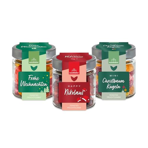 3er-Set Weihnachten im Glas | Gummibärchen 3er Set für die Weihnachtszeit | Zum Verschenken | Fruchtgummis für die ganze Familie | Ideal für den Adventskalender | Perfekt für festliche Anlässe von naschlabor