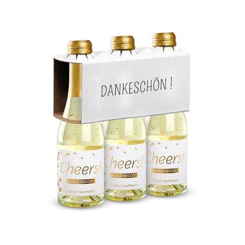 Dankeschön dreier Set Gold Secco | Geschenk Sekt mit 22 Karat Goldflocken | Geschenk für Deine Liebsten | Hochzeit oder Party Mitbringsel | 3x 200 Milliliter Schaumwein von naschlabor