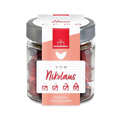 Das ist das Haus vom Nikolaus im Geschenkglas 120g | Geschenk für Familie, Freunde und Kollegen zu Weihnachten | Nikolausgeschenk | Fruchtgummis mit feiner Zimt Note von naschlabor