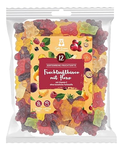 Fruchtsaftbär mit Herz | Große Bären | 20% sortenreine Fruchtsäfte | Ohne künstliche Farbstoffe und Geschmacksverstärker | Gluten- und Laktosefrei | 12 Geschmacksrichtungen von naschlabor