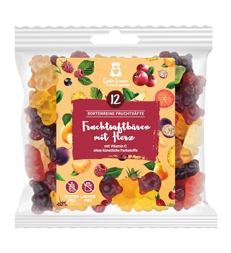 Fruchtsaftbär mit Herz | Große Bären | 20% sortenreine Fruchtsäfte | Ohne künstliche Farbstoffe und Geschmacksverstärker | Gluten- und Laktosefrei | 12 Geschmacksrichtungen von naschlabor