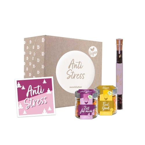 Geschenkbox Anti Stress vegan | Fruchtgummi und Tee zur Entspannung | Feel Good & Zeit für mich Geschenkglas | Geschenk für Freunde, Familie und Kollegen | Schwarztee | Me Time | Geschenk gegen Stress von naschlabor