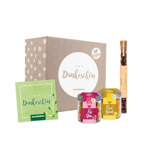 Geschenkbox Vegan Dankeschön | Fruchtgummis und Tee | Vegan For You & Feel Good Geschenkglas | Happiness Früchtetee | Geschenk zum Danke sagen | Für Freunde, Familie, Kollegen oder Mitarbeiter von naschlabor