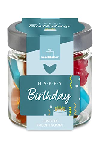 Happy Birthday Fruchtgummis | Geburtstagsgeschenk | Geschenk zum Geburtstag | Dein Mitbringsel zum Geburtstag | Geschenk in dem praktischen Vorratsglas von naschlabor